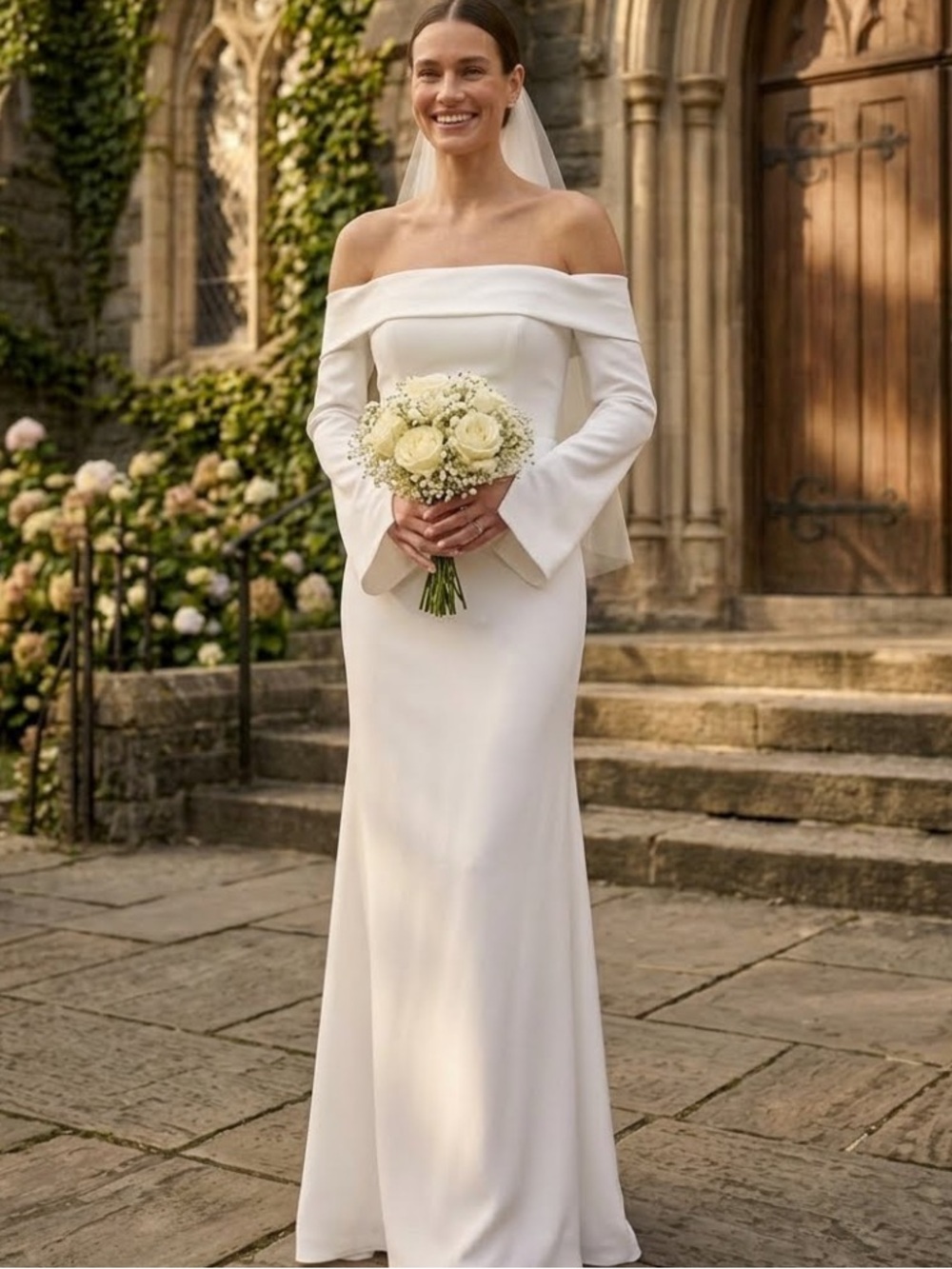 New Lulus Saintclair Off-Shoulder Long Sleeve Maxi  Satin Bridal Gown Sz Medium